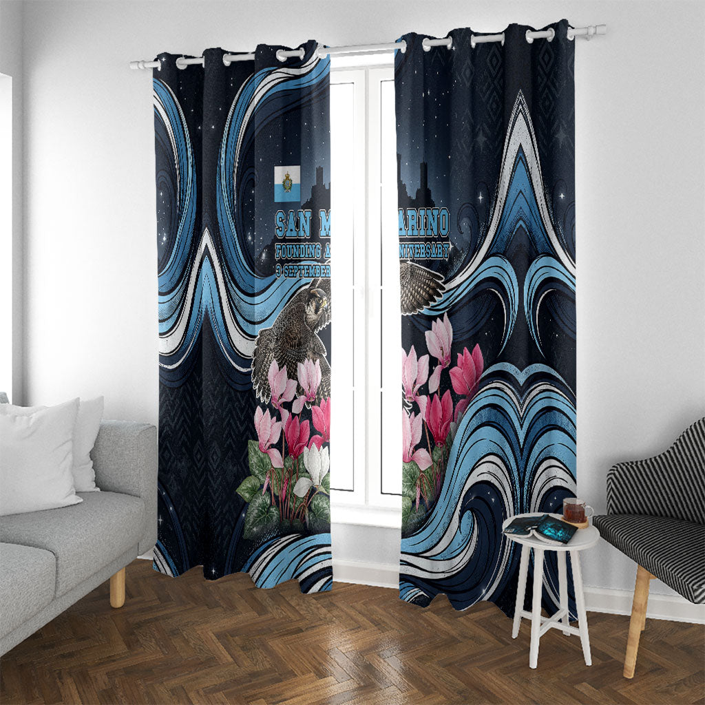 San Marino Founding Anniversary Window Curtain Freedom Peregrine Falcon - Cyclamen Flowers Towers Flag