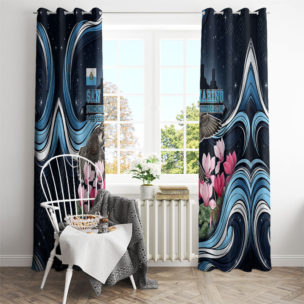San Marino Founding Anniversary Window Curtain Freedom Peregrine Falcon - Cyclamen Flowers Towers Flag