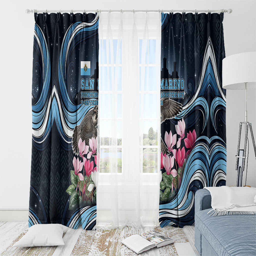 San Marino Founding Anniversary Window Curtain Freedom Peregrine Falcon - Cyclamen Flowers Towers Flag
