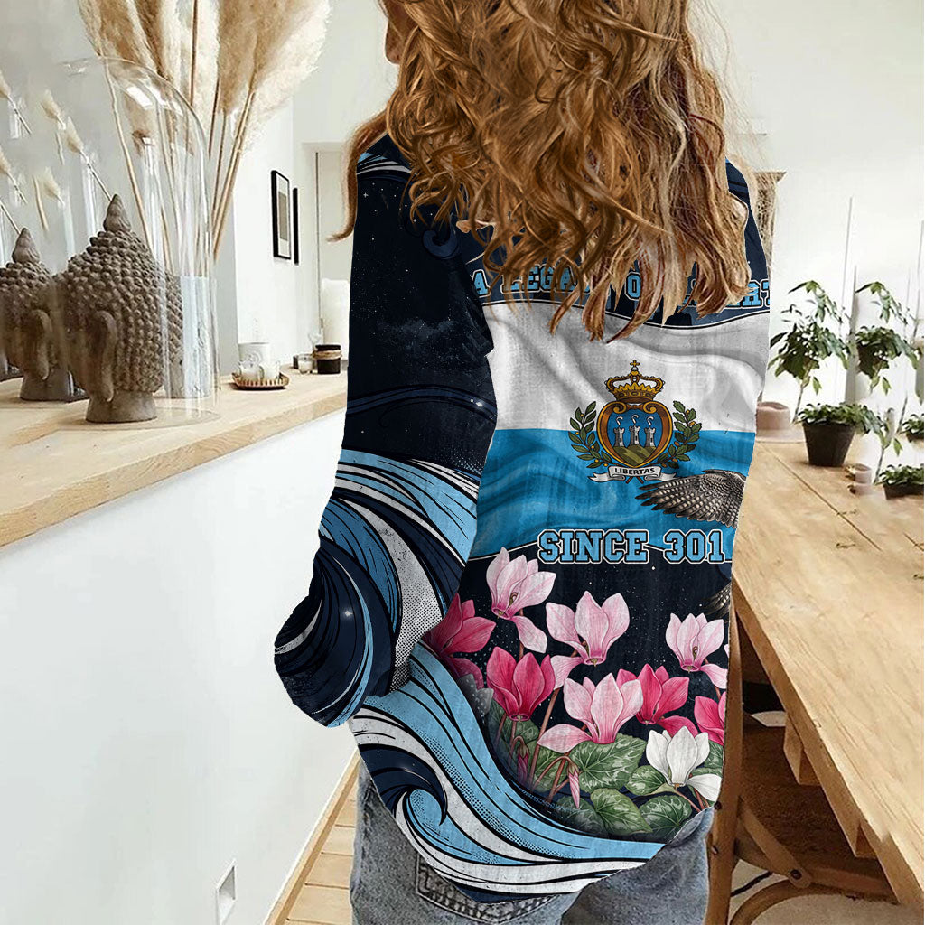 San Marino Founding Anniversary Women Casual Shirt Freedom Peregrine Falcon - Cyclamen Flowers Towers Flag