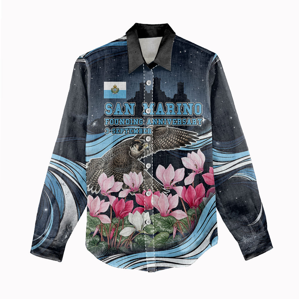 San Marino Founding Anniversary Women Casual Shirt Freedom Peregrine Falcon - Cyclamen Flowers Towers Flag