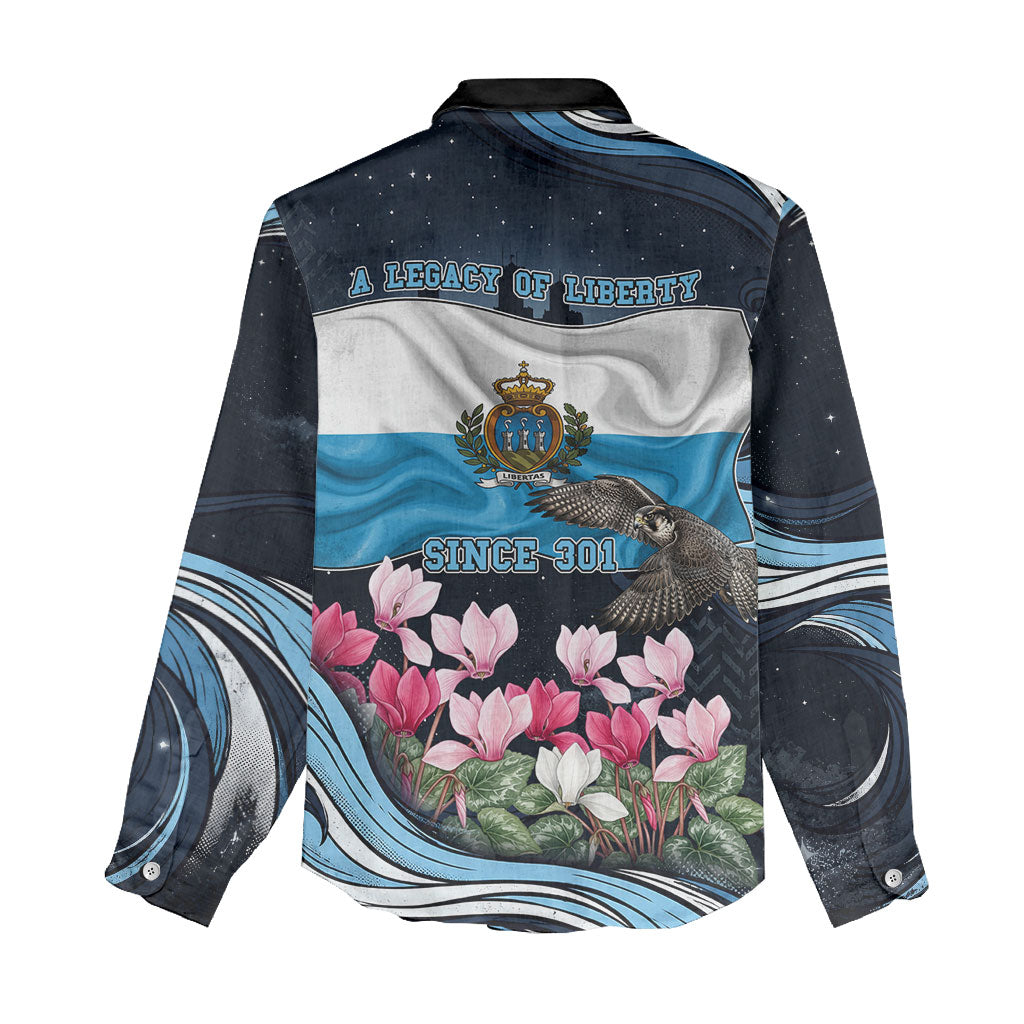 San Marino Founding Anniversary Women Casual Shirt Freedom Peregrine Falcon - Cyclamen Flowers Towers Flag
