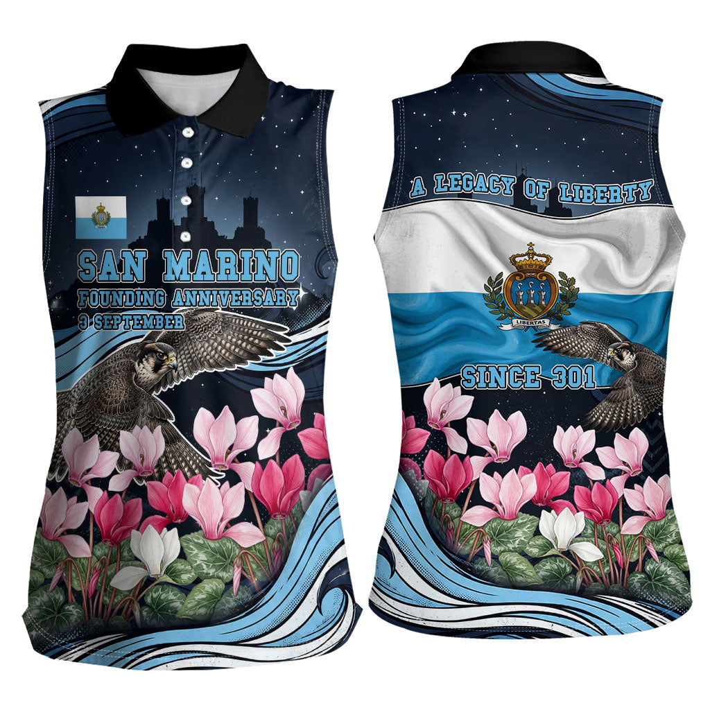 San Marino Founding Anniversary Women Sleeveless Polo Shirt Freedom Peregrine Falcon - Cyclamen Flowers Towers Flag