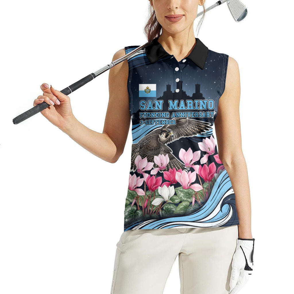 San Marino Founding Anniversary Women Sleeveless Polo Shirt Freedom Peregrine Falcon - Cyclamen Flowers Towers Flag
