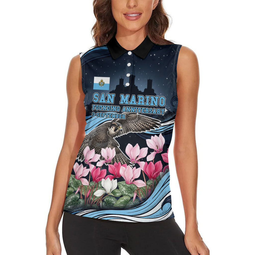 San Marino Founding Anniversary Women Sleeveless Polo Shirt Freedom Peregrine Falcon - Cyclamen Flowers Towers Flag