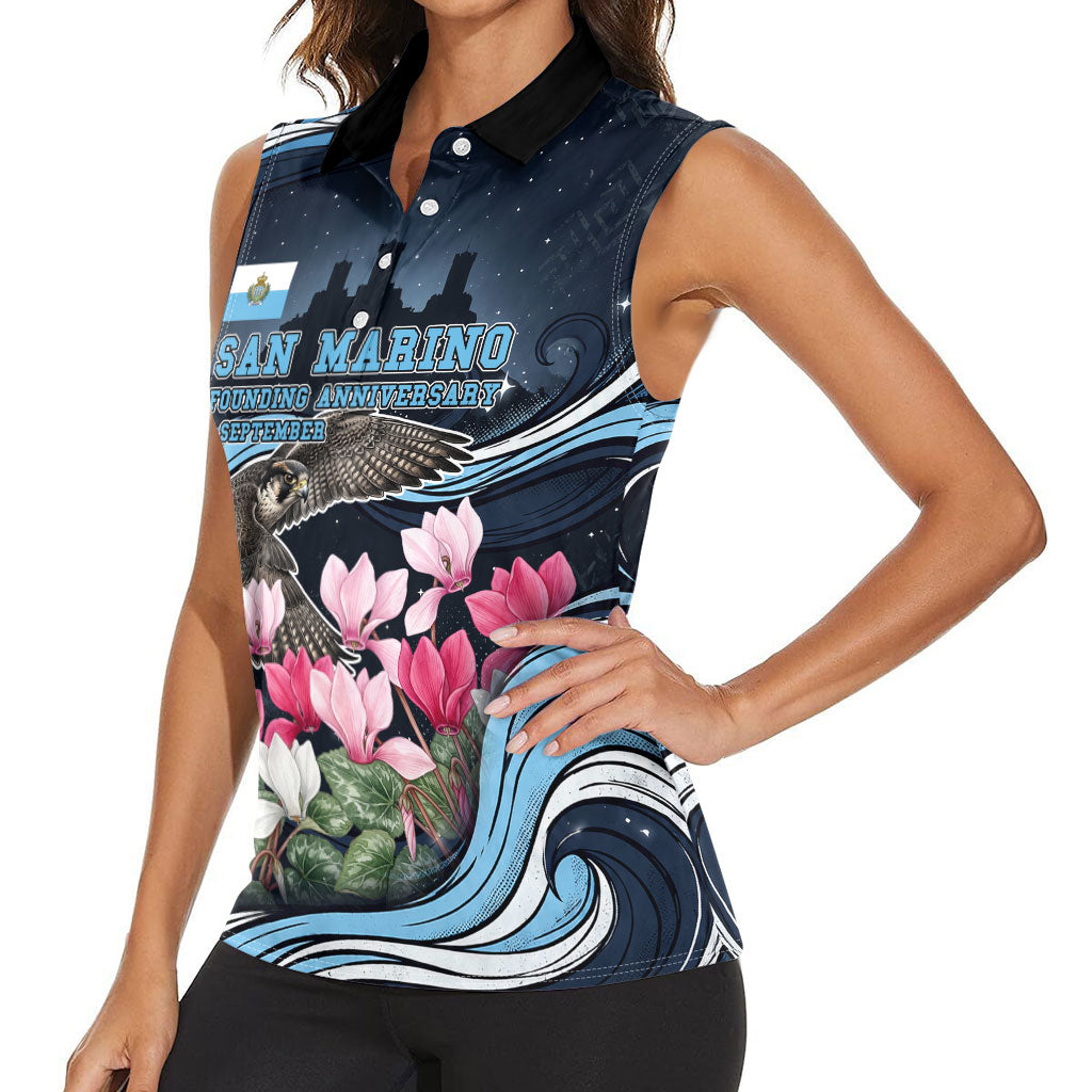 San Marino Founding Anniversary Women Sleeveless Polo Shirt Freedom Peregrine Falcon - Cyclamen Flowers Towers Flag