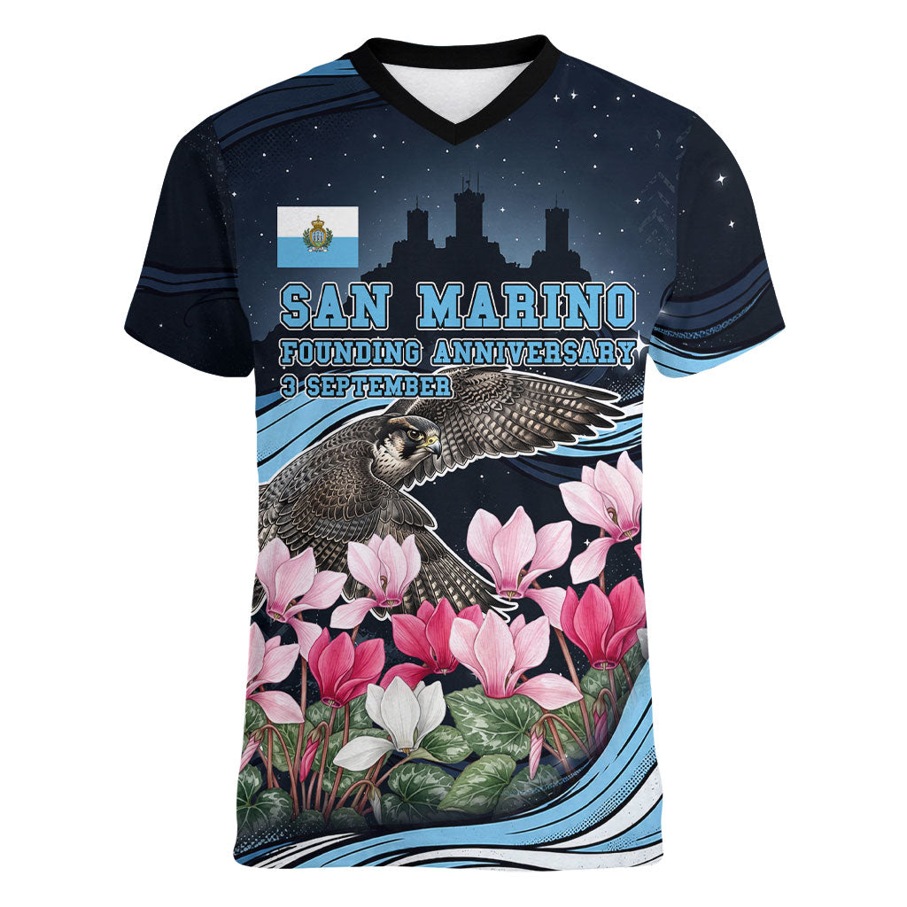 San Marino Founding Anniversary Women V-Neck T-Shirt Freedom Peregrine Falcon - Cyclamen Flowers Towers Flag