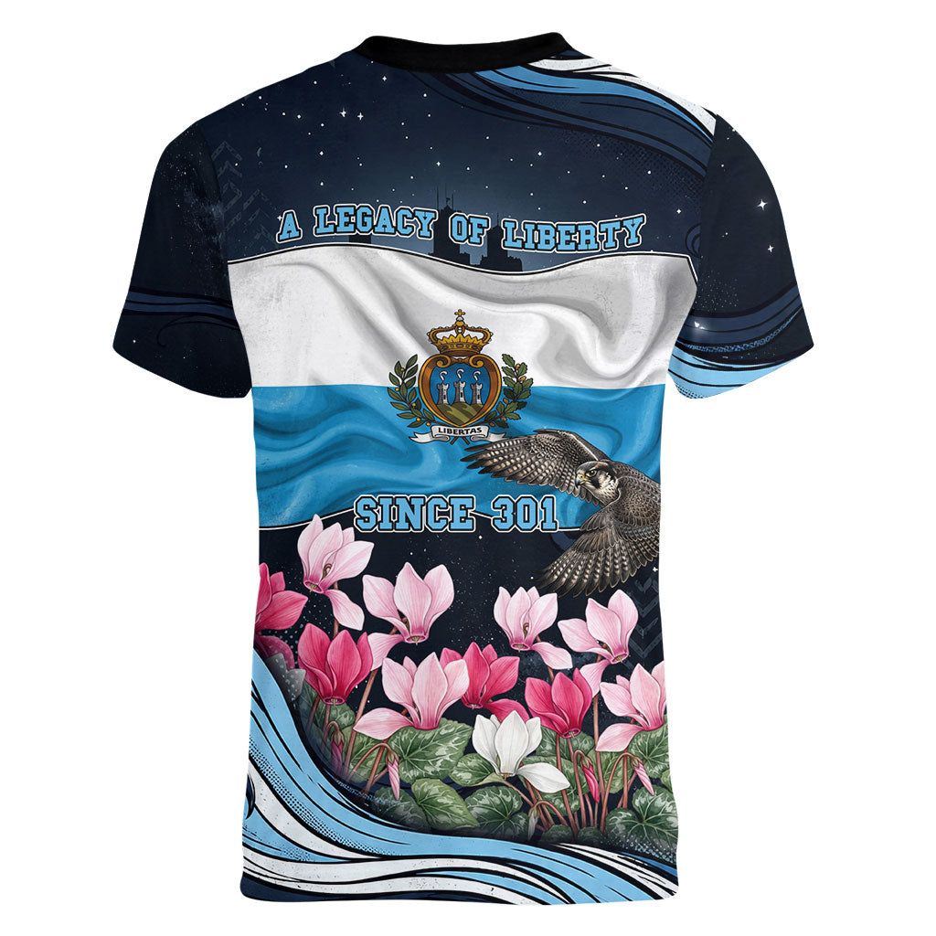 San Marino Founding Anniversary Women V-Neck T-Shirt Freedom Peregrine Falcon - Cyclamen Flowers Towers Flag