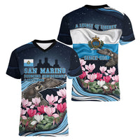 San Marino Founding Anniversary Women V-Neck T-Shirt Freedom Peregrine Falcon - Cyclamen Flowers Towers Flag
