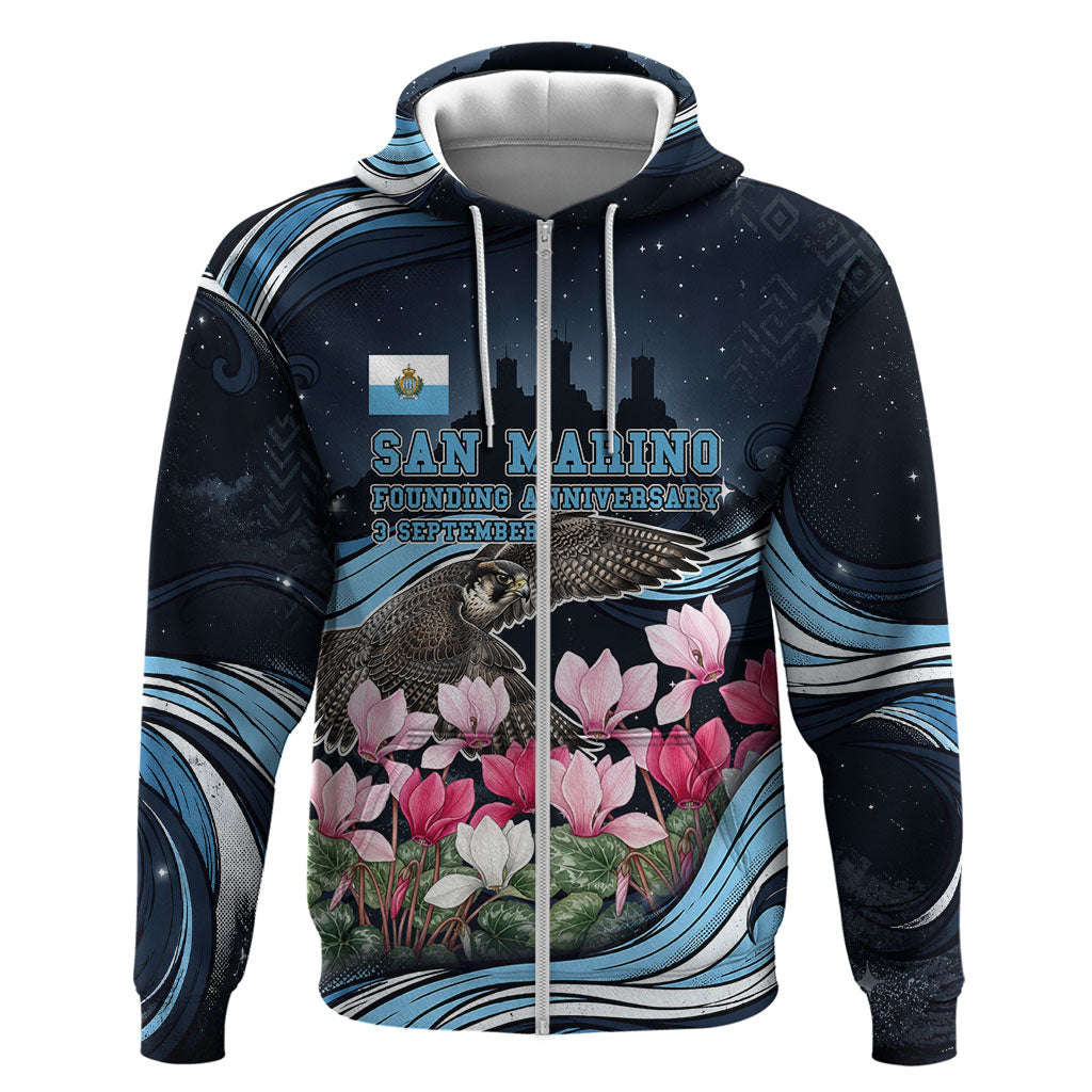 San Marino Founding Anniversary Zip Hoodie Freedom Peregrine Falcon - Cyclamen Flowers Towers Flag