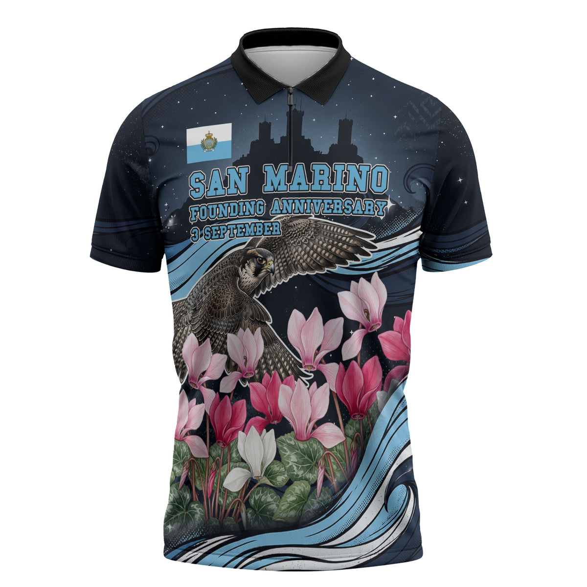 San Marino Founding Anniversary Zipper Polo Shirt Freedom Peregrine Falcon - Cyclamen Flowers Towers Flag