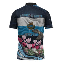 San Marino Founding Anniversary Zipper Polo Shirt Freedom Peregrine Falcon - Cyclamen Flowers Towers Flag