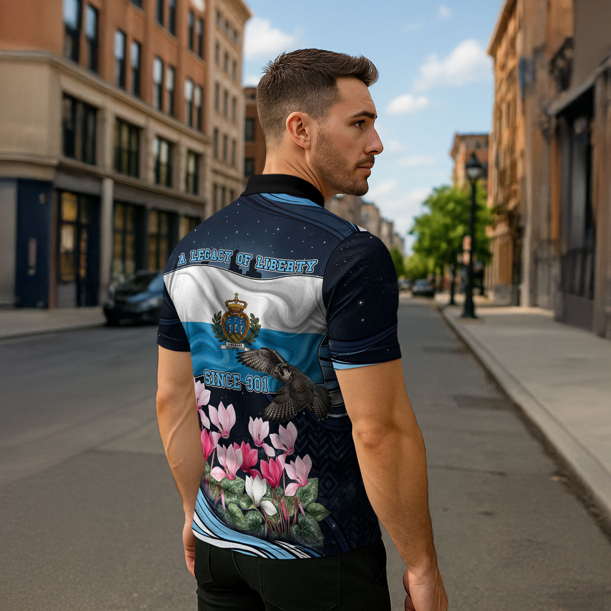 San Marino Founding Anniversary Zipper Polo Shirt Freedom Peregrine Falcon - Cyclamen Flowers Towers Flag