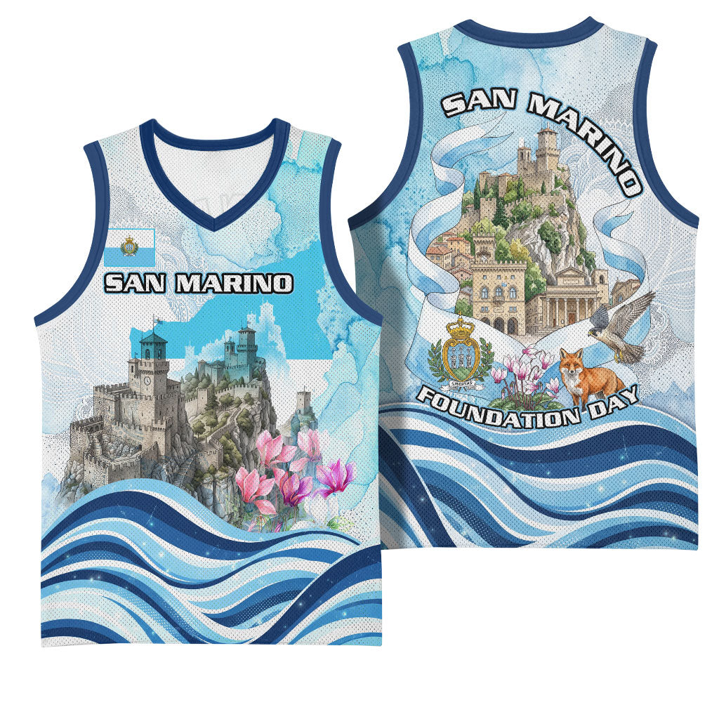 San Marino Foundation Day Basketball Jersey Mount Titano Fortress Fox Falcon And Cyclamen