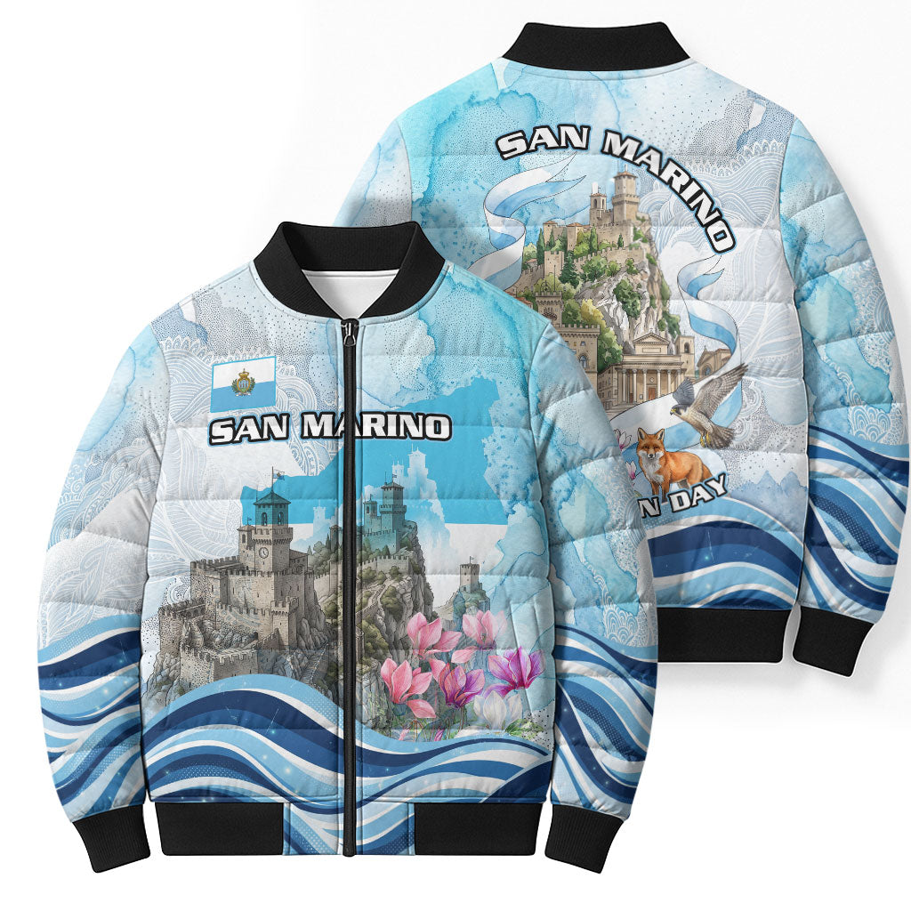 San Marino Foundation Day Bomber Puffer Jacket Mount Titano Fortress Fox Falcon And Cyclamen