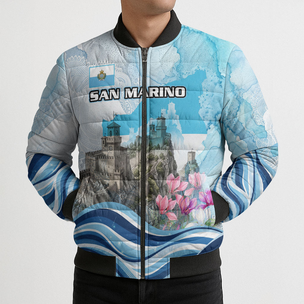 San Marino Foundation Day Bomber Puffer Jacket Mount Titano Fortress Fox Falcon And Cyclamen