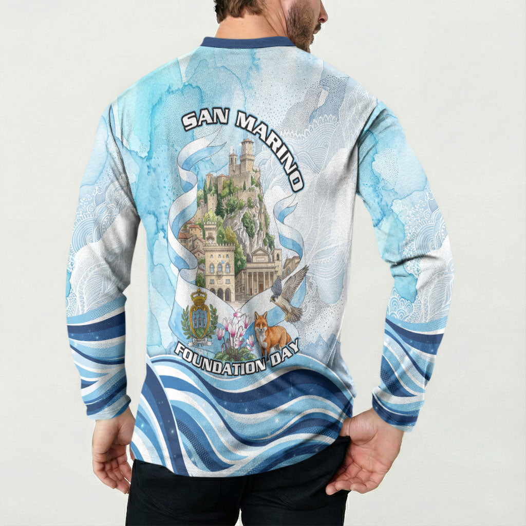 San Marino Foundation Day Button Sweatshirt Mount Titano Fortress Fox Falcon And Cyclamen