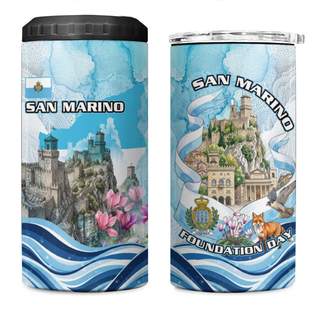 San Marino Foundation Day 4 in 1 Can Cooler Tumbler Mount Titano Fortress Fox Falcon And Cyclamen