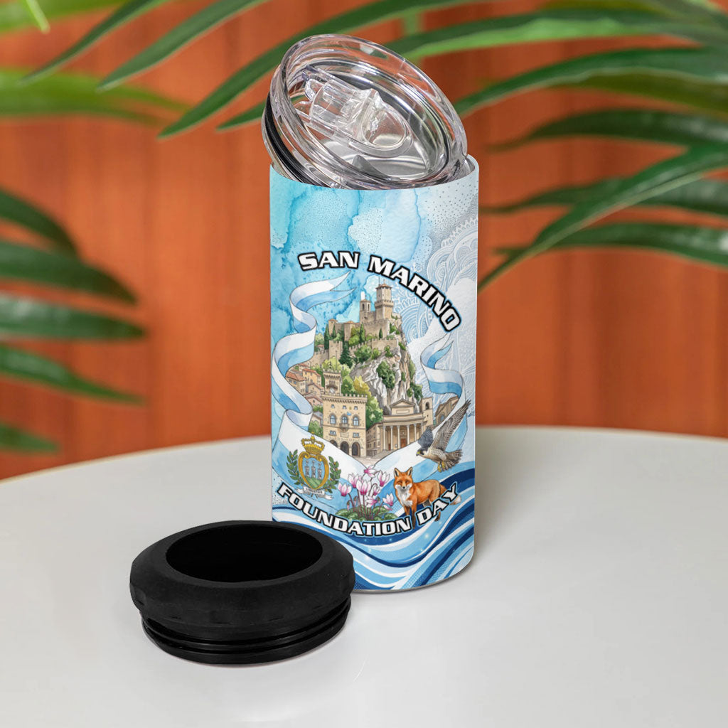 San Marino Foundation Day 4 in 1 Can Cooler Tumbler Mount Titano Fortress Fox Falcon And Cyclamen