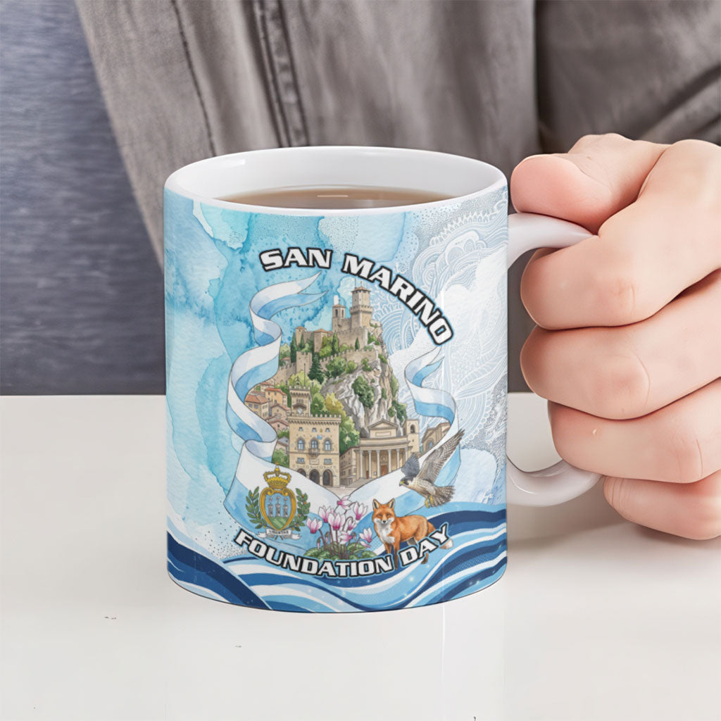 San Marino Foundation Day Ceramic Mug Mount Titano Fortress Fox Falcon And Cyclamen