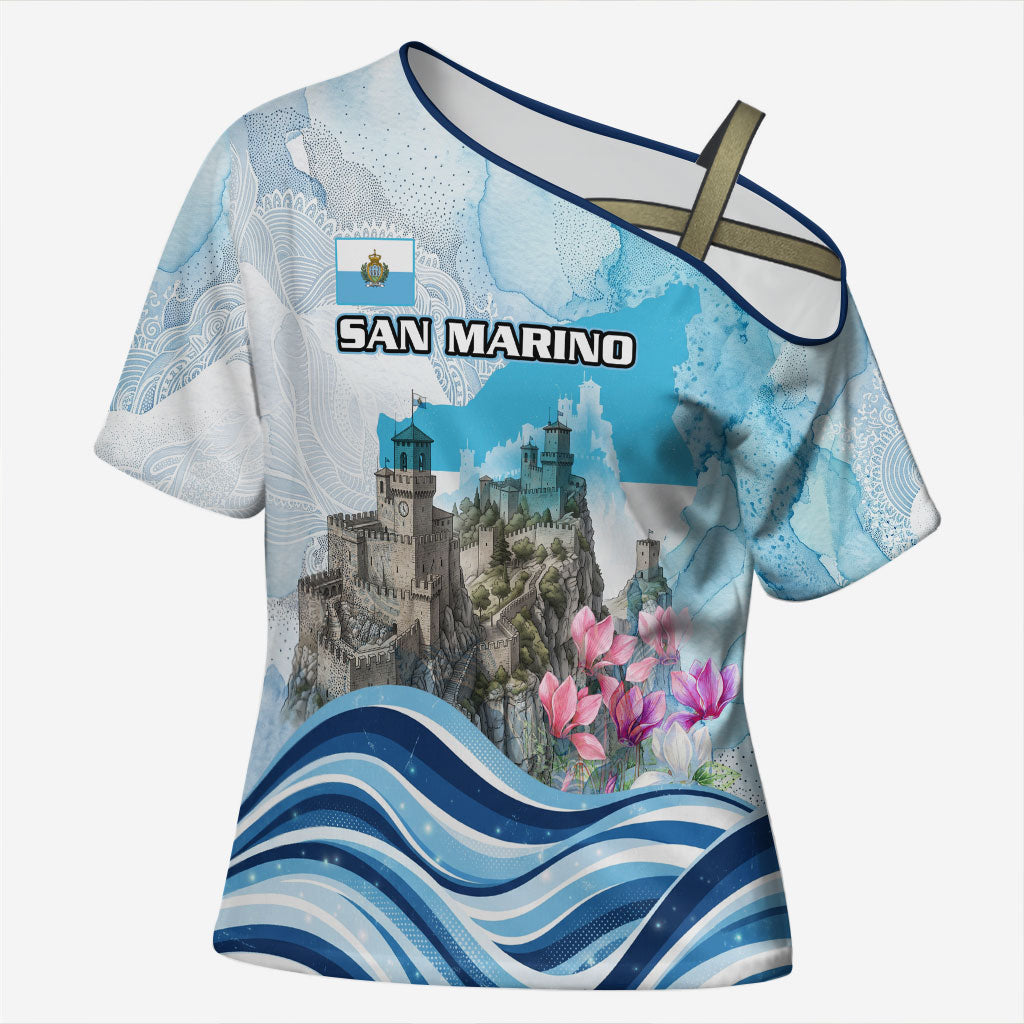 San Marino Foundation Day Cross Shoulder Shirt Mount Titano Fortress Fox Falcon And Cyclamen