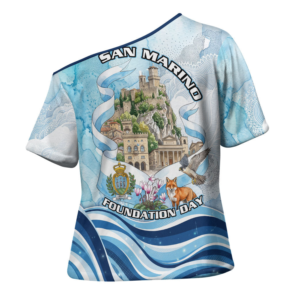 San Marino Foundation Day Cross Shoulder Shirt Mount Titano Fortress Fox Falcon And Cyclamen
