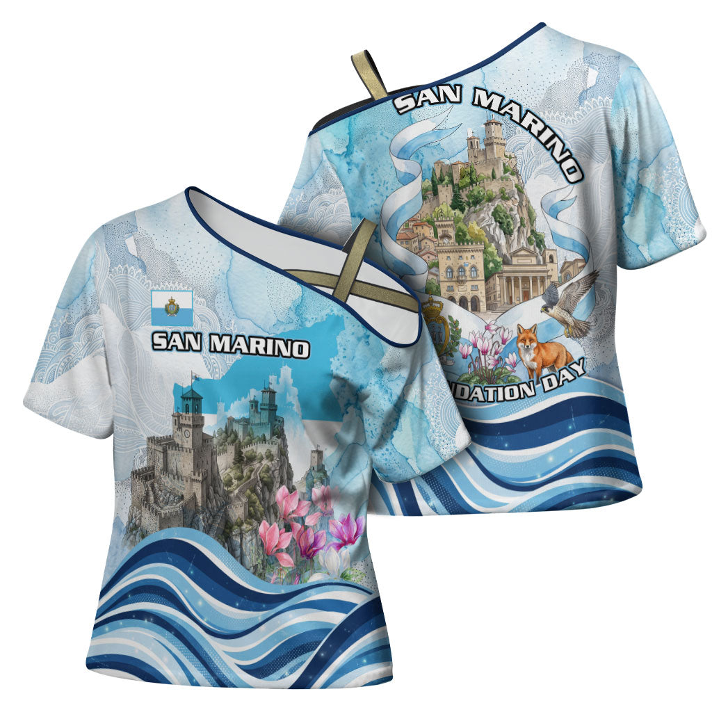 San Marino Foundation Day Cross Shoulder Shirt Mount Titano Fortress Fox Falcon And Cyclamen