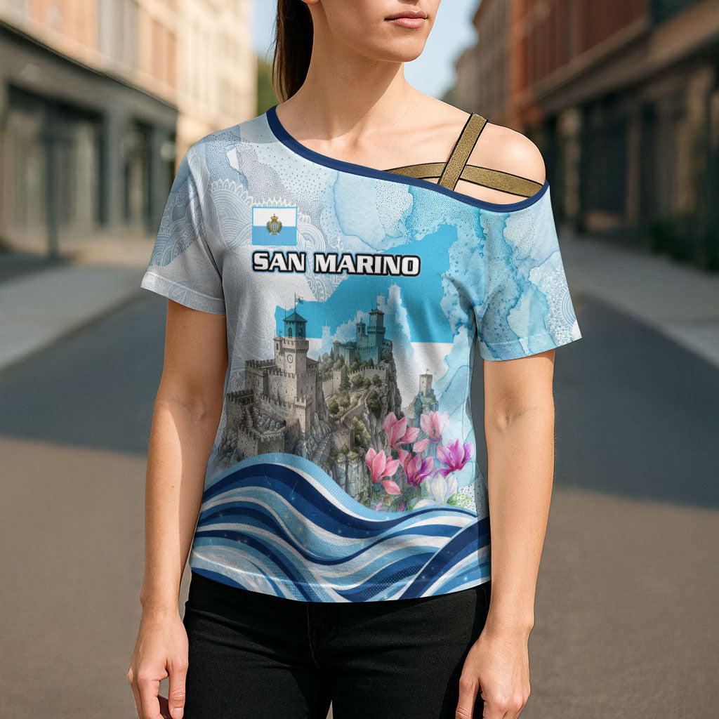 San Marino Foundation Day Cross Shoulder Shirt Mount Titano Fortress Fox Falcon And Cyclamen