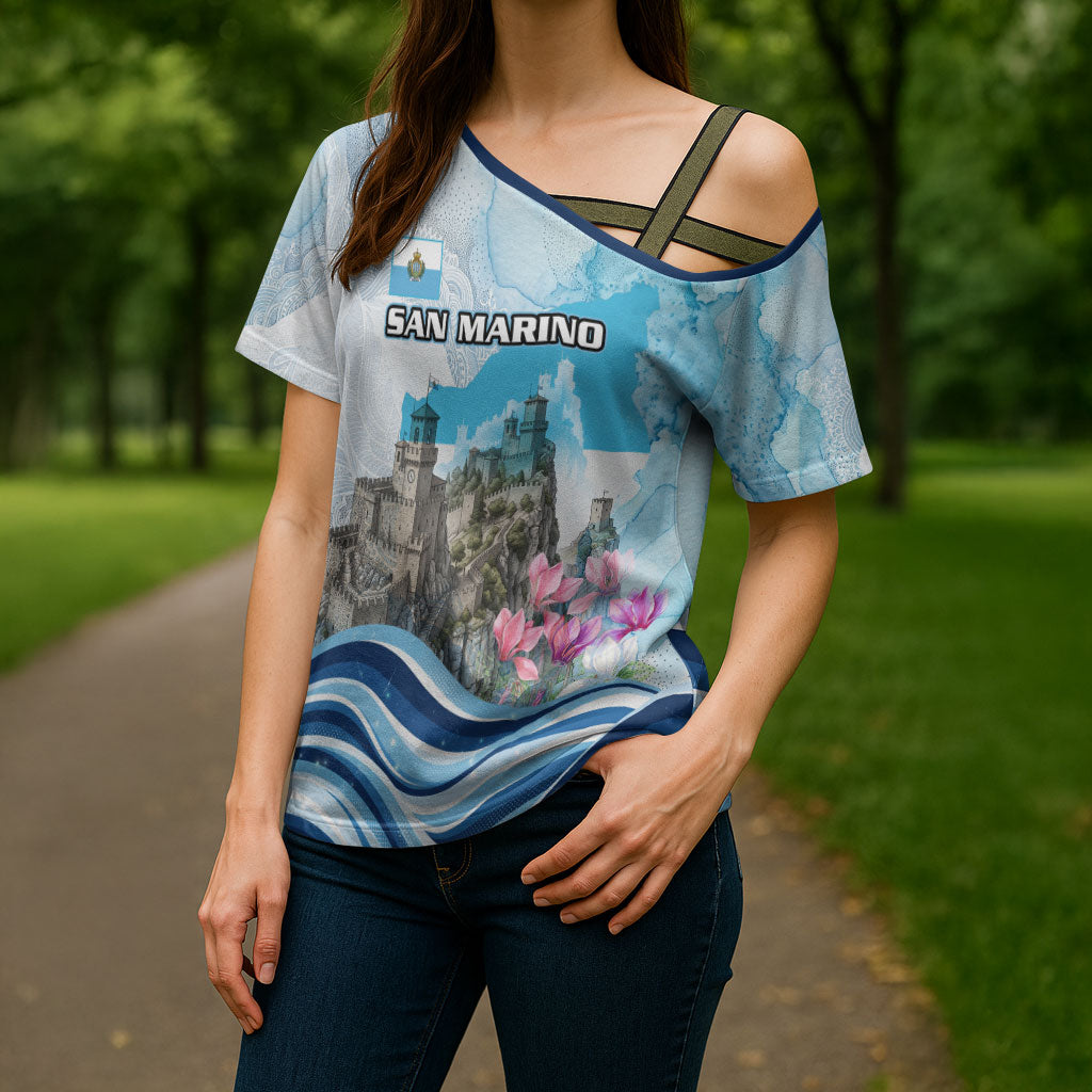 San Marino Foundation Day Cross Shoulder Shirt Mount Titano Fortress Fox Falcon And Cyclamen