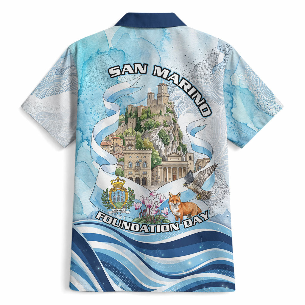 San Marino Foundation Day Hawaiian Shirt Mount Titano Fortress Fox Falcon And Cyclamen