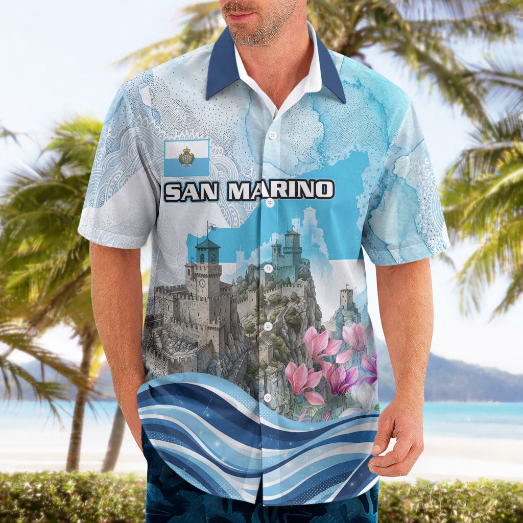 San Marino Foundation Day Hawaiian Shirt Mount Titano Fortress Fox Falcon And Cyclamen