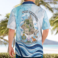 San Marino Foundation Day Hawaiian Shirt Mount Titano Fortress Fox Falcon And Cyclamen