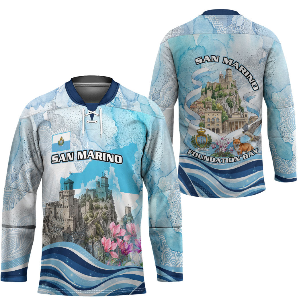 San Marino Foundation Day Hockey Jersey Mount Titano Fortress Fox Falcon And Cyclamen