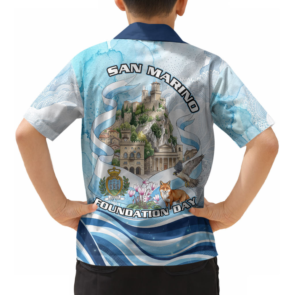 San Marino Foundation Day Kid Hawaiian Shirt Mount Titano Fortress Fox Falcon And Cyclamen