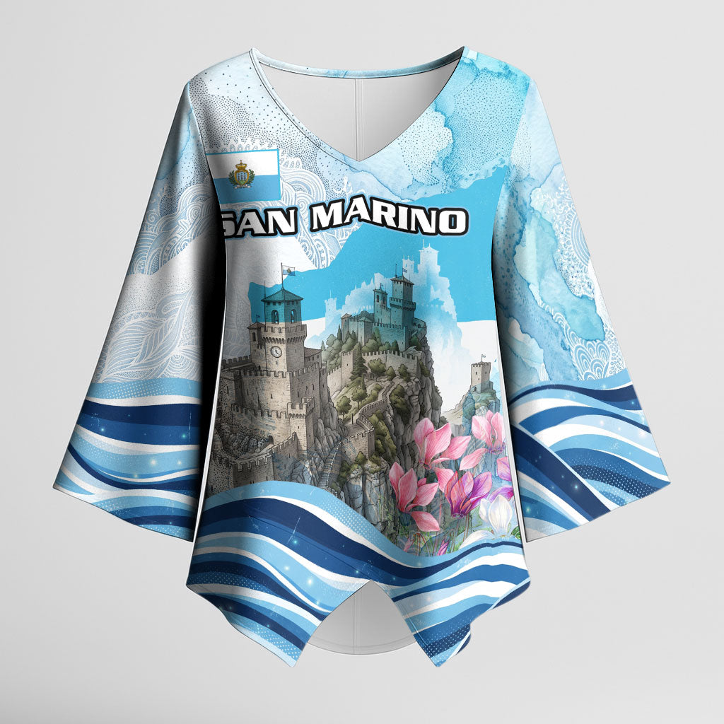 San Marino Foundation Day Kimono Sleeve Blouse Mount Titano Fortress Fox Falcon And Cyclamen