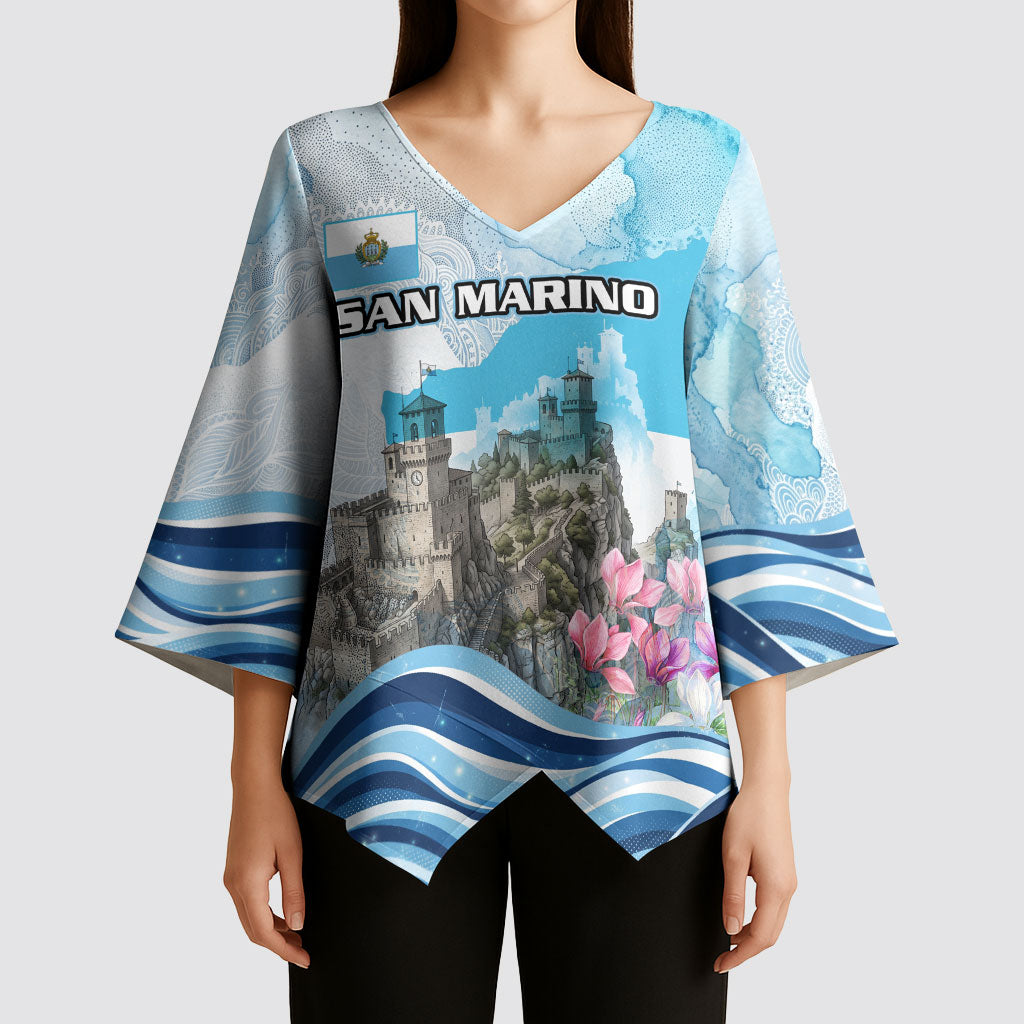 San Marino Foundation Day Kimono Sleeve Blouse Mount Titano Fortress Fox Falcon And Cyclamen