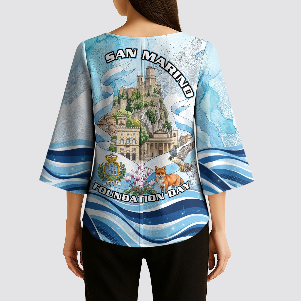 San Marino Foundation Day Kimono Sleeve Blouse Mount Titano Fortress Fox Falcon And Cyclamen