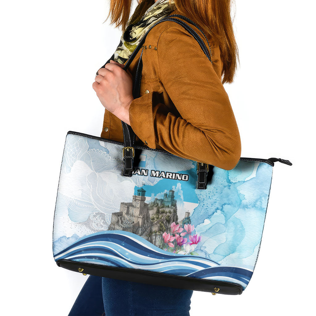 San Marino Foundation Day Leather Tote Bag Mount Titano Fortress Fox Falcon And Cyclamen