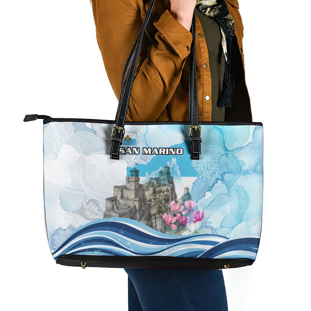 San Marino Foundation Day Leather Tote Bag Mount Titano Fortress Fox Falcon And Cyclamen