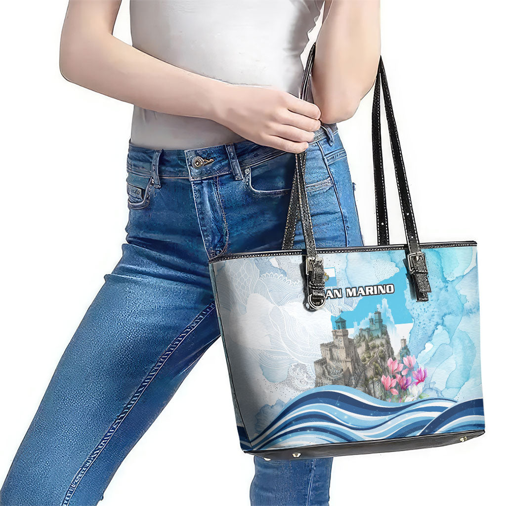 San Marino Foundation Day Leather Tote Bag Mount Titano Fortress Fox Falcon And Cyclamen