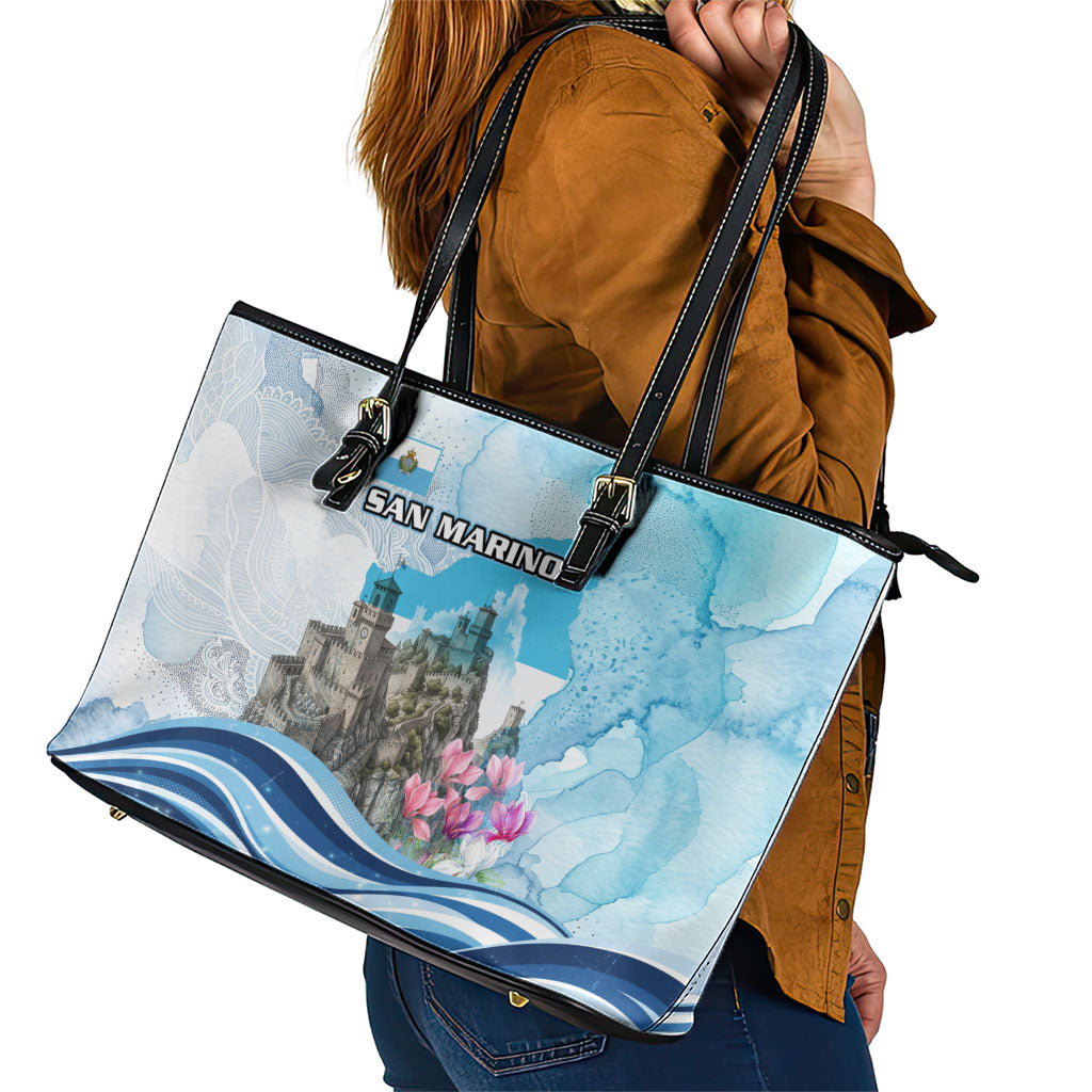 San Marino Foundation Day Leather Tote Bag Mount Titano Fortress Fox Falcon And Cyclamen