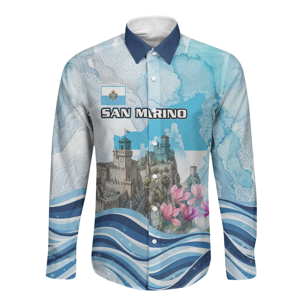 San Marino Foundation Day Long Sleeve Button Shirt Mount Titano Fortress Fox Falcon And Cyclamen