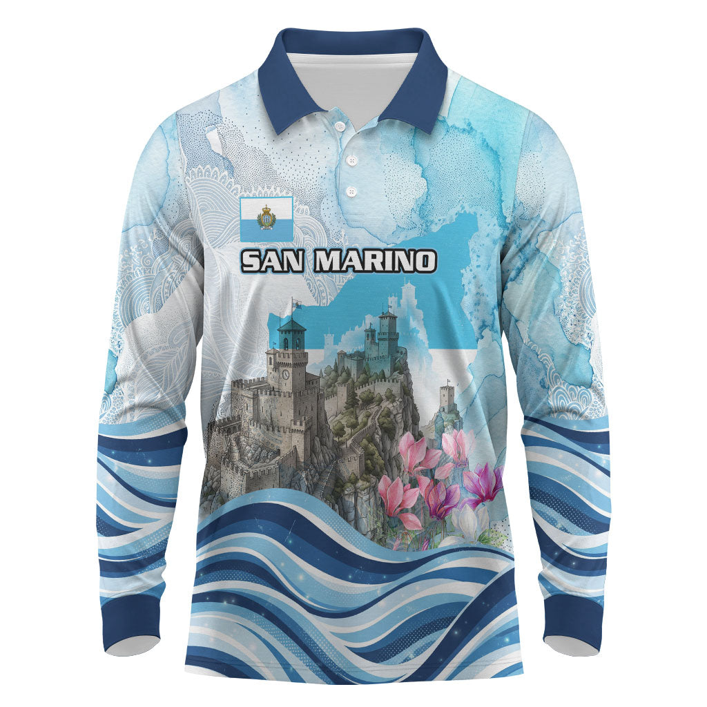 San Marino Foundation Day Long Sleeve Polo Shirt Mount Titano Fortress Fox Falcon And Cyclamen