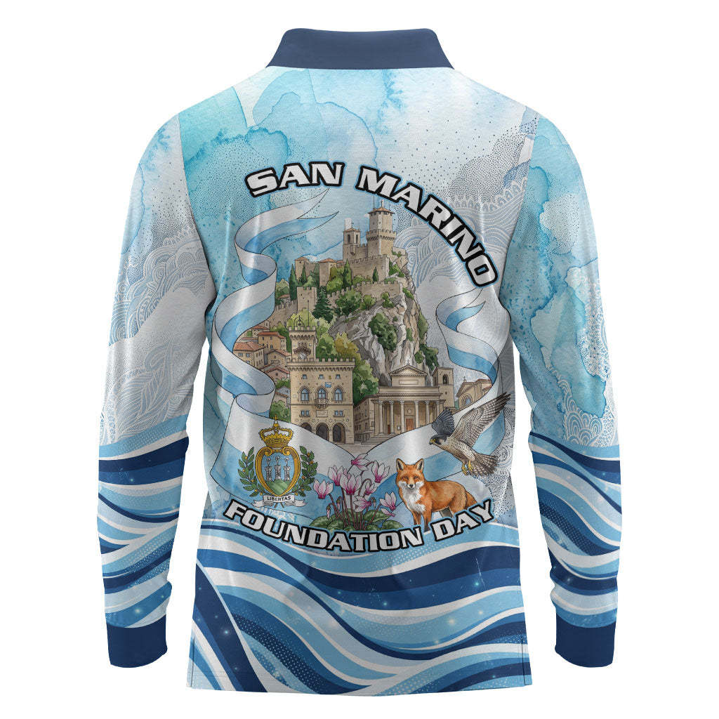 San Marino Foundation Day Long Sleeve Polo Shirt Mount Titano Fortress Fox Falcon And Cyclamen