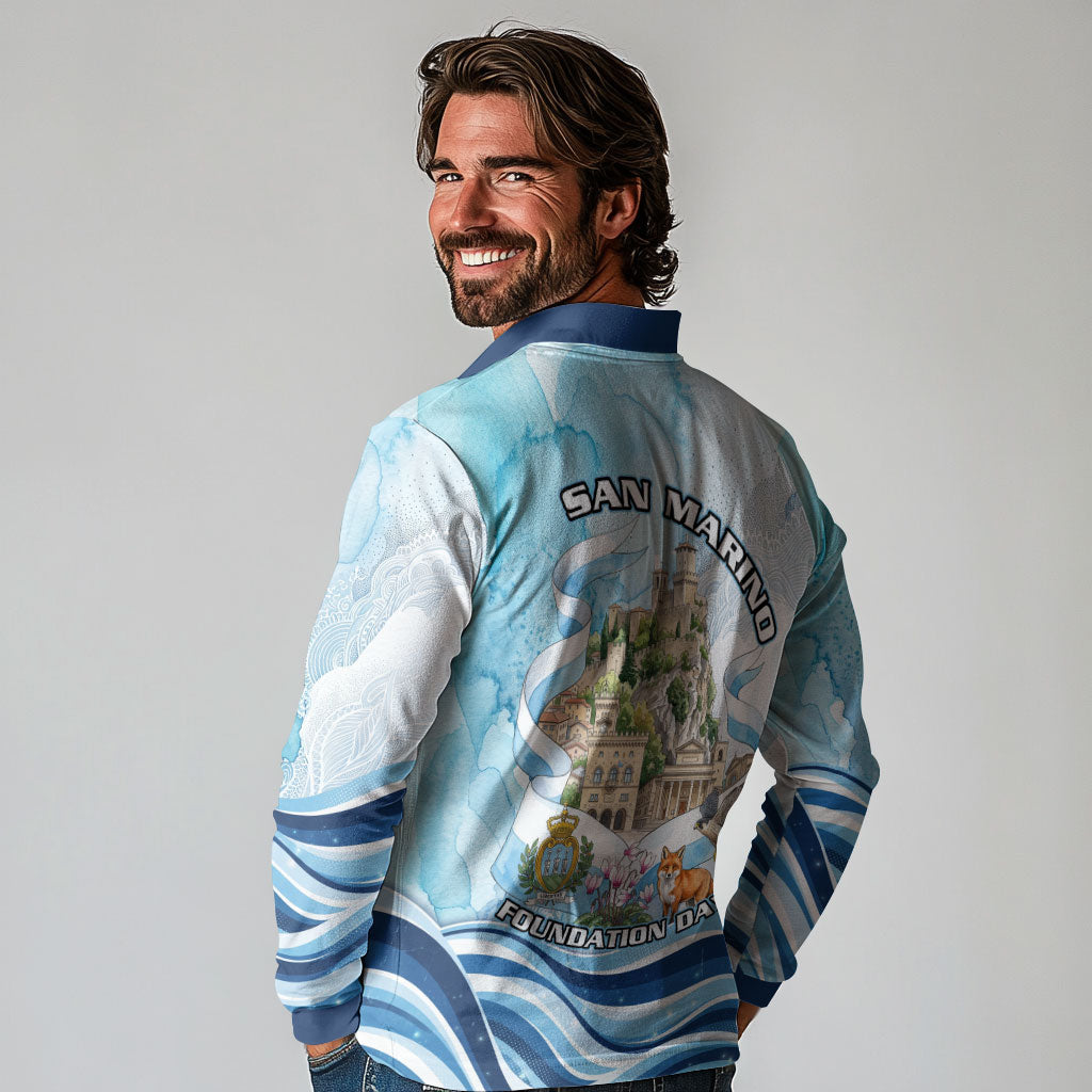 San Marino Foundation Day Long Sleeve Polo Shirt Mount Titano Fortress Fox Falcon And Cyclamen
