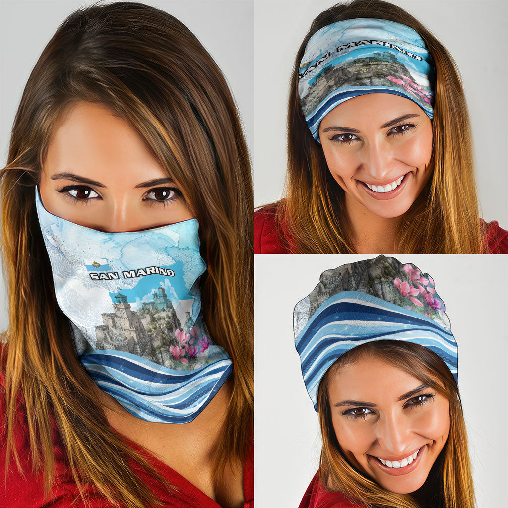 San Marino Foundation Day Neck Gaiter Mount Titano Fortress Fox Falcon And Cyclamen