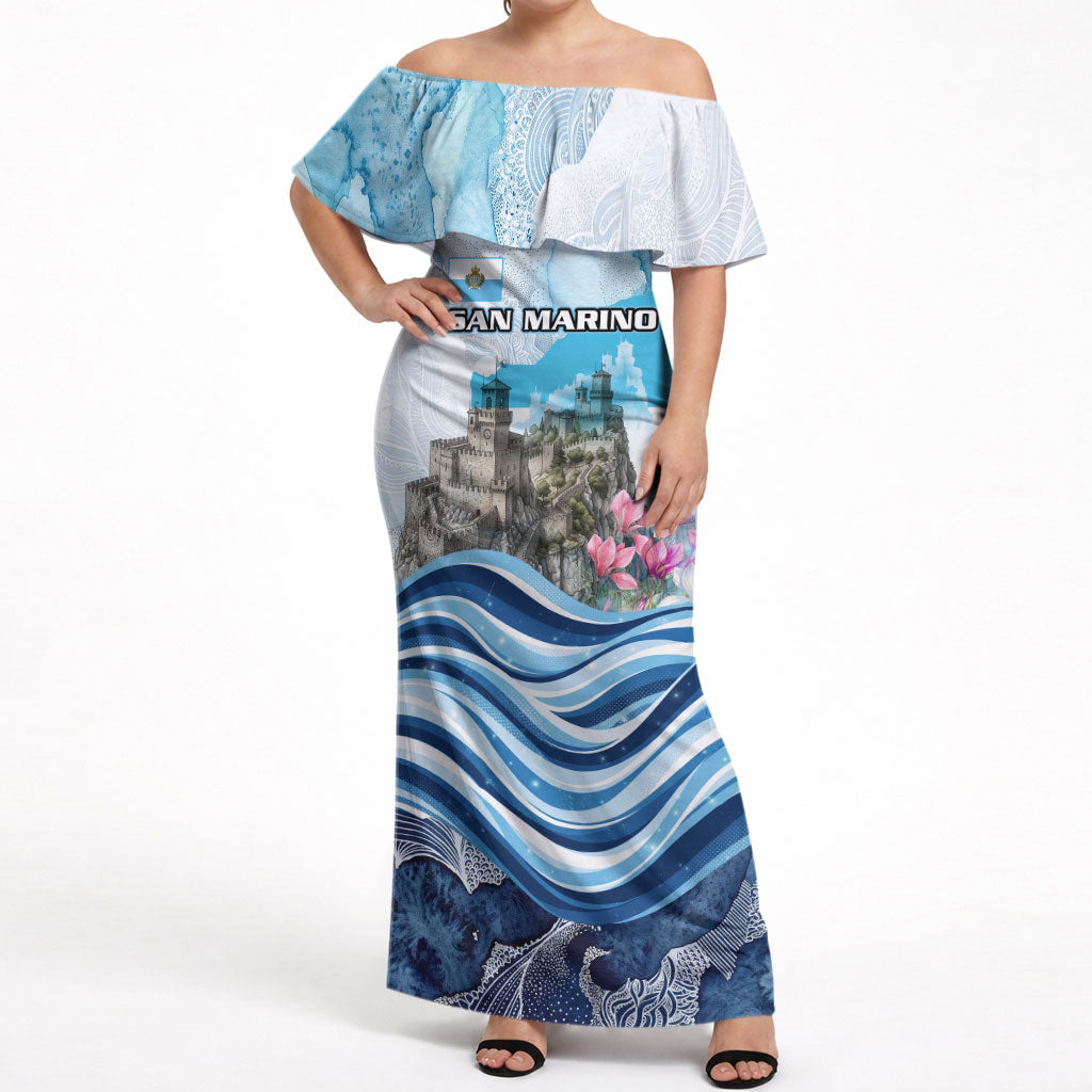 San Marino Foundation Day Off Shoulder Maxi Dress Mount Titano Fortress Fox Falcon And Cyclamen