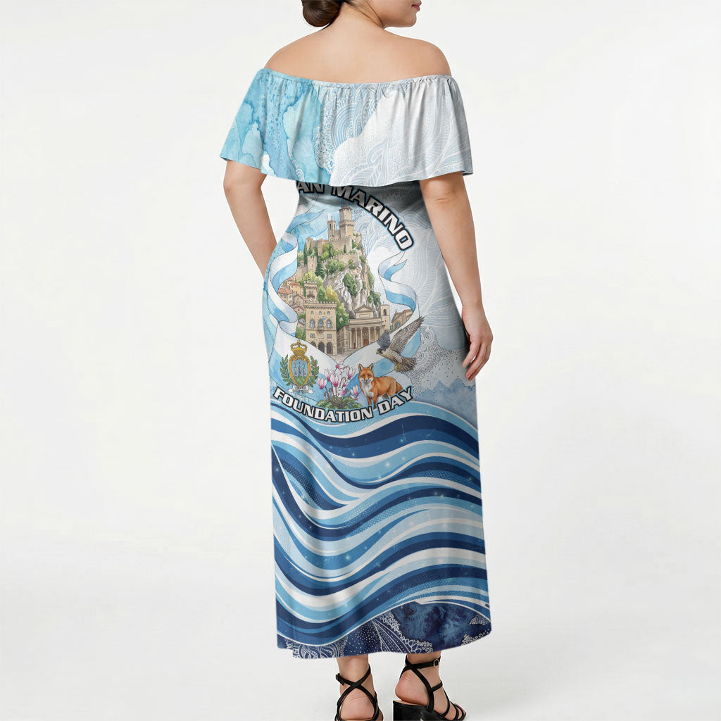 San Marino Foundation Day Off Shoulder Maxi Dress Mount Titano Fortress Fox Falcon And Cyclamen