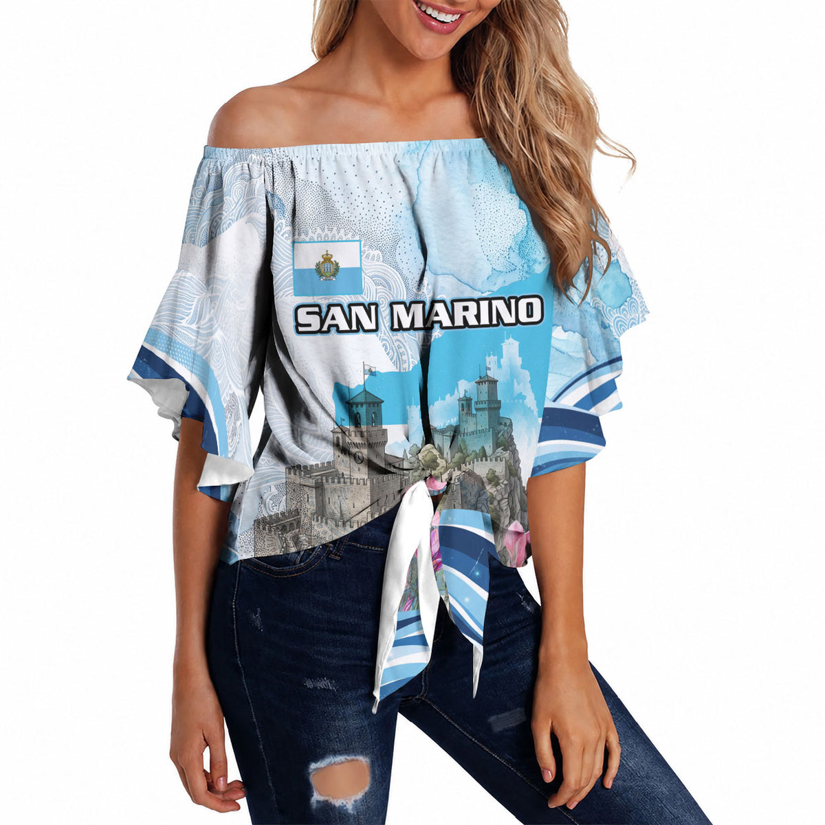 San Marino Foundation Day Off Shoulder Wrap Waist Top Mount Titano Fortress Fox Falcon And Cyclamen