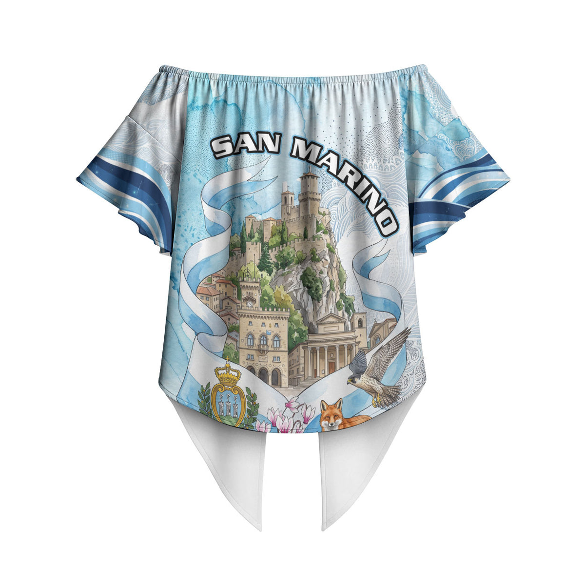 San Marino Foundation Day Off Shoulder Wrap Waist Top Mount Titano Fortress Fox Falcon And Cyclamen